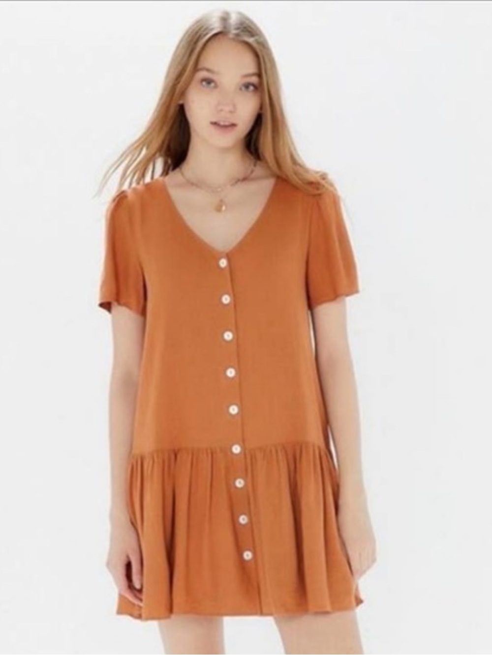 URBAN OUTFITTERS DRESS LINEN BLEND BABYDOLL BUTTON UP LINED LIGHT BROWN SZ MED